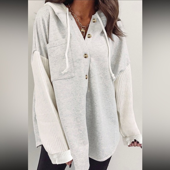 Y2K Jersey Sweater Sleeve Gray Button Up Knitted Long Sleeve - Picture 9 of 14